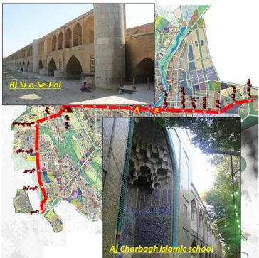 Fig. 1. Isfahan Metro Line 1 and historical monuments in the vicinity of this Line. 