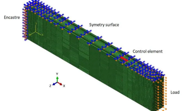 Figure 7: Model under tension transversal loading: Boundary conditions and control element