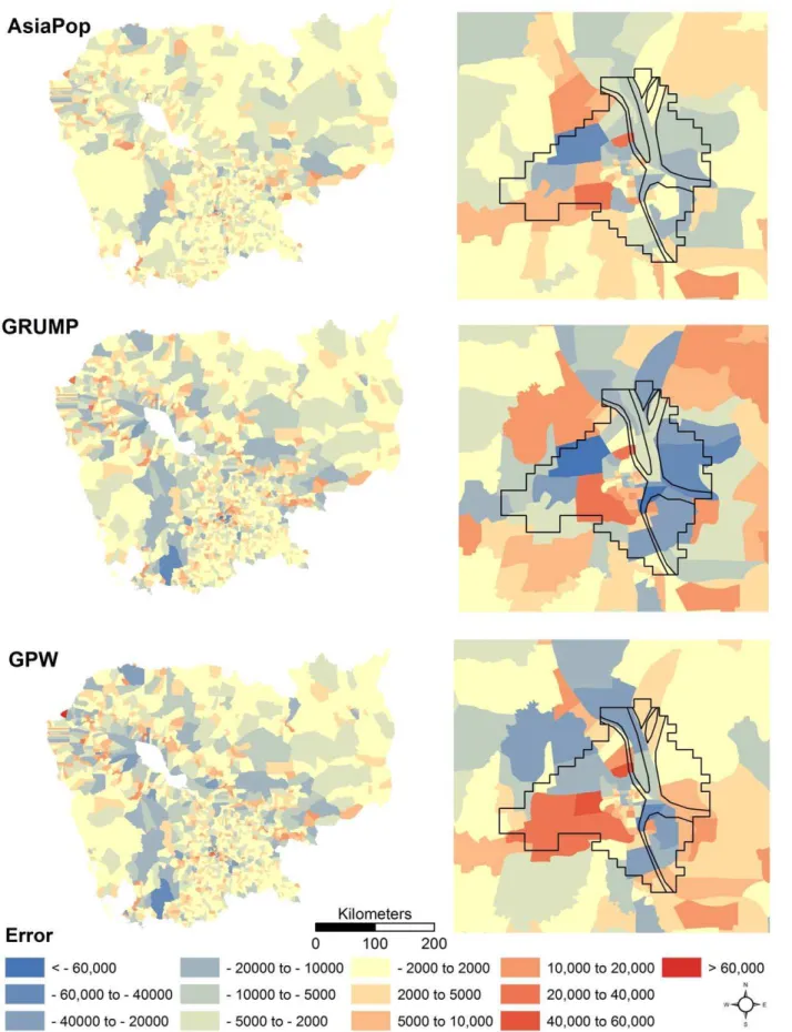 Figure 4. Errors mapped for population distribution datasets produced using the AsiaPop, GRUMP v1, and GPW v3 methodologies for a) Cambodia and b) Phnom Penh, Cambodia