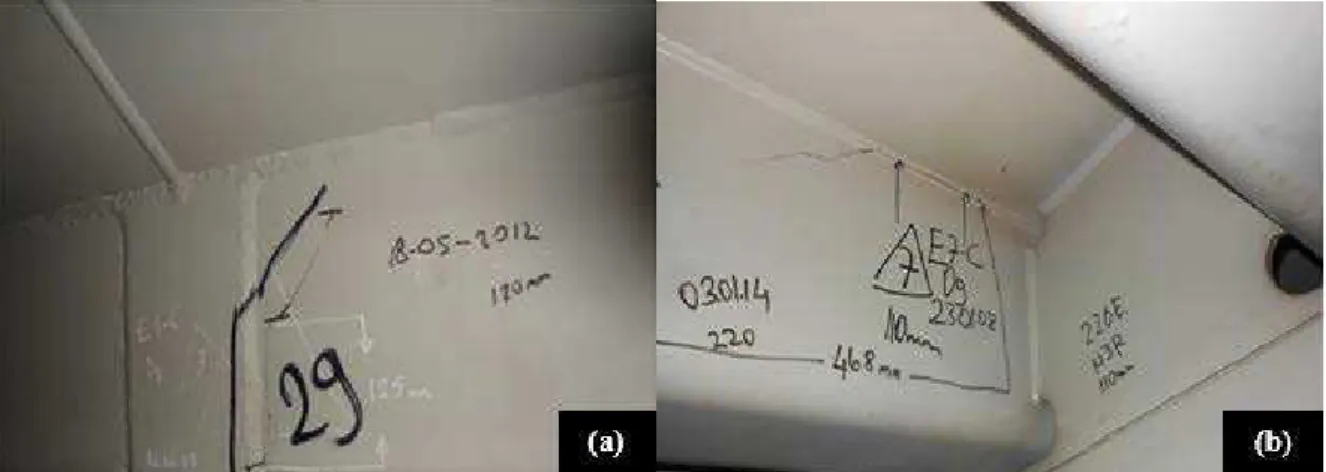 Figure 1: Fatigue cracks in trapezoidal longitudinal rib: (a) initiated at the welded joint, and (b) propagating to the  rib wall