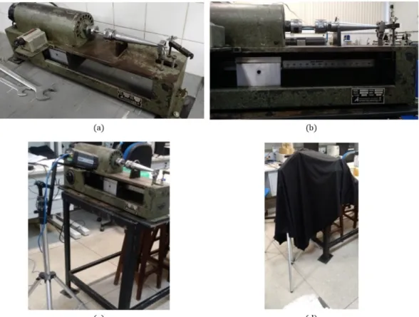 Figure 6: RBF 200: (a) overview; (b) lateral view; Thermographic system: (c) infrared camera and (d) black cloth