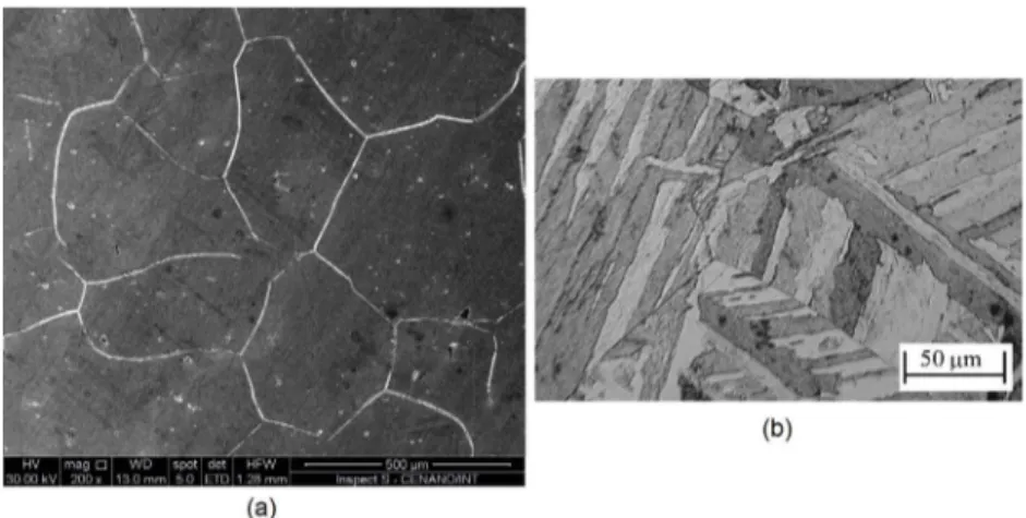 Figure 6.  Microstructure of maraging 300 CG: (a) etching for previous austenite; (b) Marble’s etching.