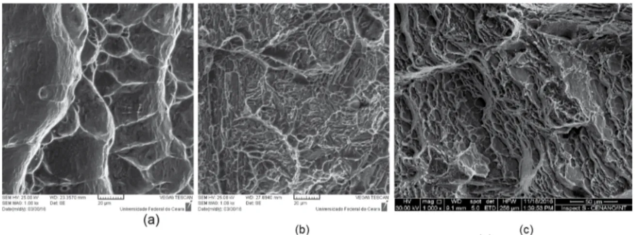 Figure 7. Surface of fracture of specimens (a) CG, (b) CG-480-3 and (c) CG-600-4 (same magnification)It should be read: