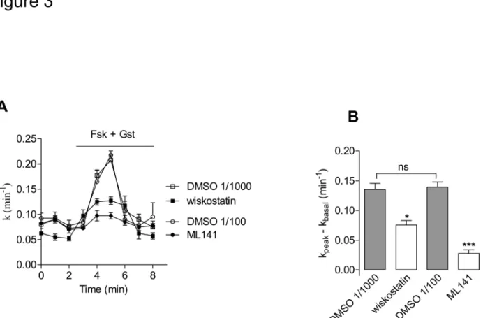 Fig 3. Pharmacological inhibitors of Cdc42 pathway impair CFTR channel activation. (A) Iodide efflux curves obtained in CFBE-wtCFTR cells treated with 10 μM wiskostatin for 120 min, 10 μM ML141 for 30 min or corresponding vehicle, prior to stimulation of C