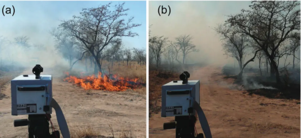 Fig. 1. Photography of the OP-FTIR deployment in Kruger National Park, taken from the same location and looking from the FTIR spectrometer towards the IR source