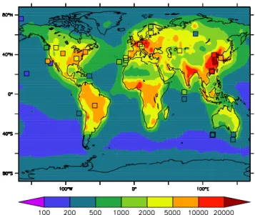 Fig. 4. Annual mean surface aerosol number concentration (cm −3 ) compared to observed values (from a range of time periods)  col-lected by Andreae (2009)