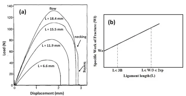 Figure 2. Schematic examples of: (a) characteristic curves from the EWF test of PC film samples with different ligament lengths and (b)  plot of W e  vs