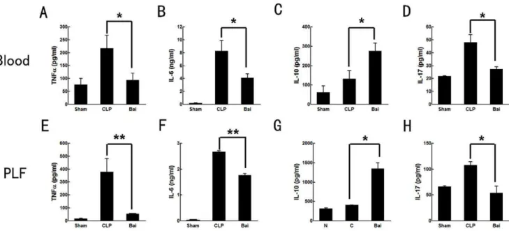Figure 6. Cell counts in the spleen and apoptosis in the thymus in septic mice after baicalin administration
