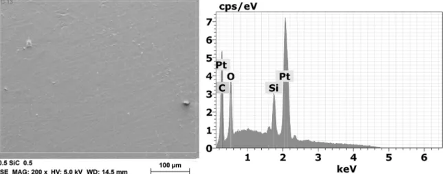 Figure 7. SEM image of the PMMA matrix containing 0.5% treated SiC amount and confirmed by spectrum of the energy dispersive  X-ray spectroscopy (EDS) analysis.