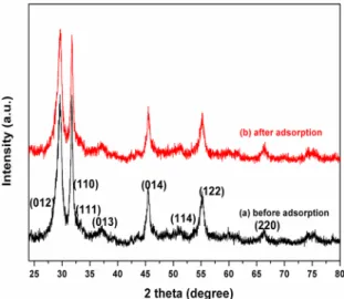 Figure 1. XRD patterns of the BiOI hierarchical structure before  and after RhB adsorption