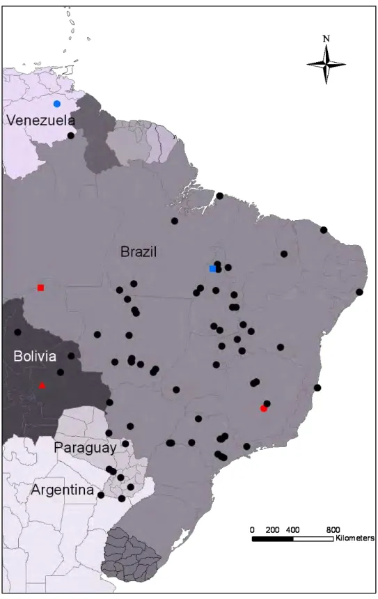 Figure  2.  Samples  localities  for  molecular  analyses.  In  red  types  localities  sampled:  circle  Scinax  fuscomarginatus; square Hyla madeirae; triangle Scinax parkeri