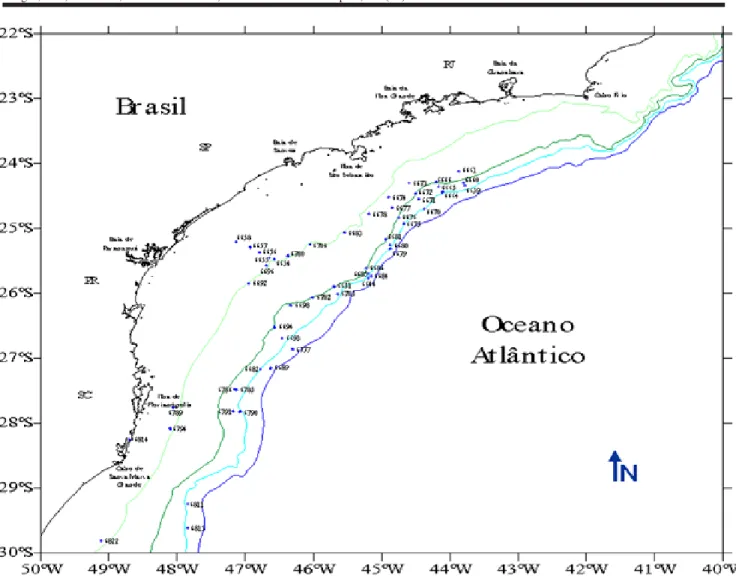 Figura 1. Mapa da área de estudo e distribuição das estações com ocorrência de Ophiuroidea.