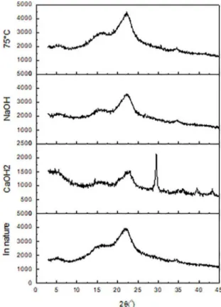 Figure 6. XRD diffractograms of piassava fibers: &#34;In natura&#34;, treated  with Ca(OH) 2 , NaOH and with hot water at 75ºC.