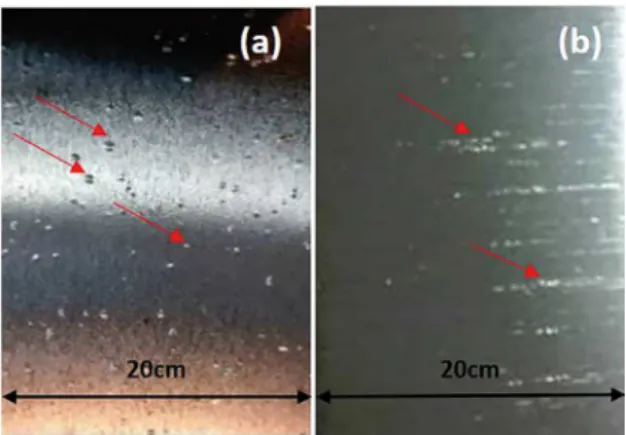 Figure 1. a) Bubble-type flaw on a hot rolled AA5052 alloy (final  sheet thickness: 9.52mm), b) scale-type flaw on a cold rolled AA5052  alloy (final sheet thickness: 3.20mm)