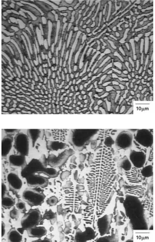 Figure 10. Typical Optical Micrograph (OM) of the microstructure  of a) binary eutectic Al-70%Ag (alloy #9) and b) ternary eutectic  Al-32%Ag-20%Cu (alloy #10).