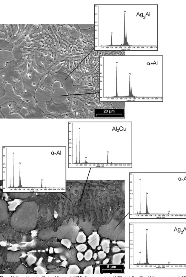 Figure 11. Typical Scanning Electron Micrograph (SEM) of a) binary eutectic Al-70%Ag (alloy #9) and b) ternary eutectic Al-32%Ag- Al-32%Ag-20%Cu (alloy #10).