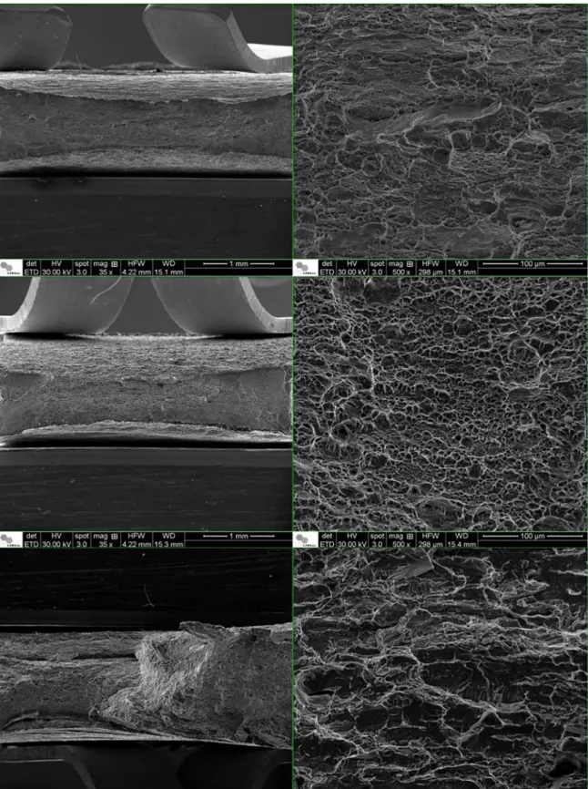 Figure 2. Fracture surfaces of the as-received specimen (top), the cryogenic cooled specimen (middle) and the hydrogenated specimen  (bottom).