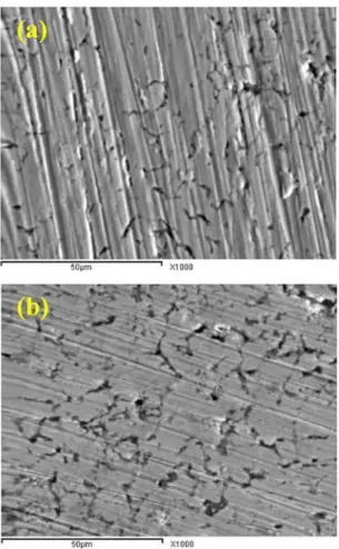 Figure 14. The worn surface; (a) Cu matrix, (b) Cu-10 wt. % ZrO 2 nanocomposites.