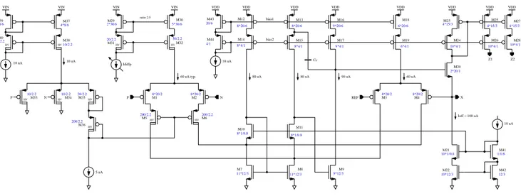 Fig. 2. Schematic of the proposed DDCC based current sensor (dimension are in µm).