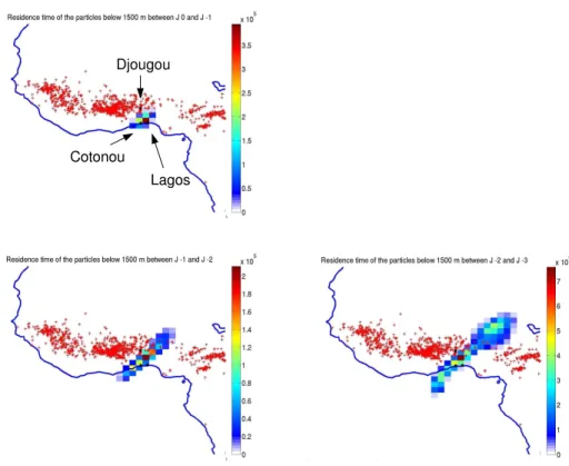 Fig. 6. Retroplumes calculated by the FLEXPART model for the first 24 h (top panel), between 24 and 48 h (bottom left), and between 48 and 60 h (bottom right) initialised over Cotonou in the ozone enhanced layers (between 800 and 1600 m) measured on the 20