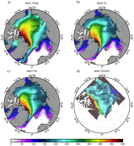 Fig. 7. Sea-ice thickness during the MA07 (Mars-April) campaign in the FREE, IC and FB runs (a, b, c, respectively), and in the observations (d) (Kwok et al., 2009).