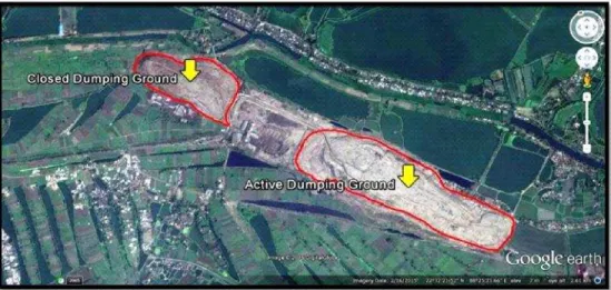 Fig.  1:  Location  of  active  and  closed  dumping  ground  at  Dhapa  uncontrolled  landfill  in  Kolkata,  India (Source:  Google  Earth)