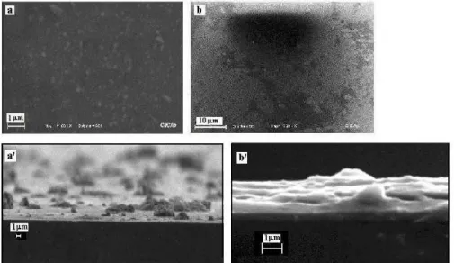 Fig. 3 Micrograph of a film formed during ablation of silicon in an Ar-O atmosphere (a,a’)  and a N-O atmosphere (b, b’)