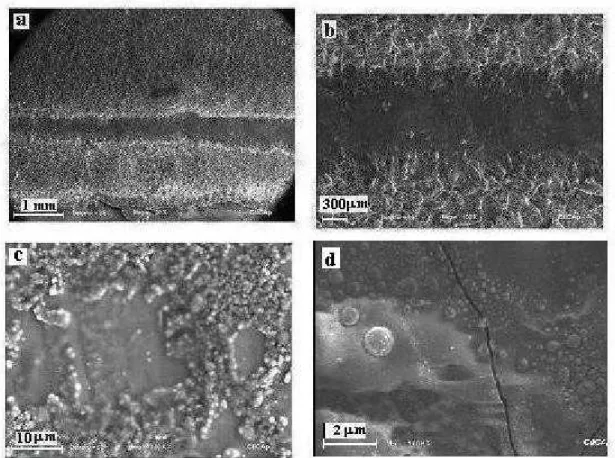 Fig. 5 A micrograph of a silicon surface after passing a laser beam (а-c).and a surface inside a  formed channel (c-d)