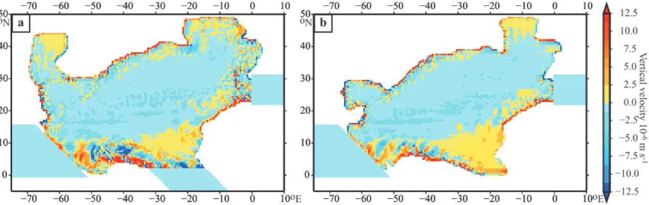 Fig. 9. Upwelling. Modelled vertical velocity at 40 m depth for an experiment with (a) an open connection with the South Atlantic through the EAS (SATL), and (b) a reduced shelf area due to low sea level (LOWSL-TET).
