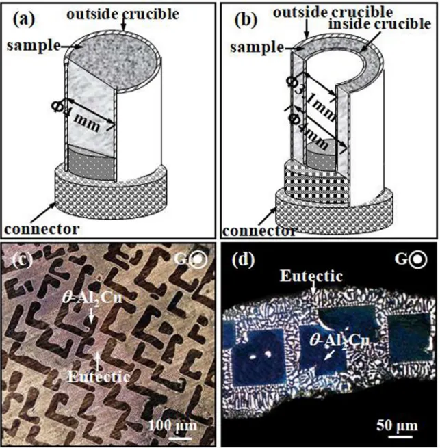 Figure 1. The schematic drawing of different sizes samples under directional solidification: (a) the 4 mm sample, (b) the 0.45 mm sample,  transverse microstructures for (c) the 4 mm sample, and (d) the 0.45 mm sample.