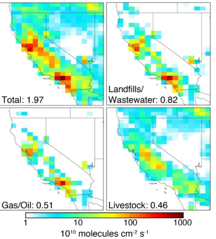 Fig. 1. EDGAR v4.2 methane emissions for 2008 used as a priori for our inversion. Panels show total emissions and contributions from the three major source types