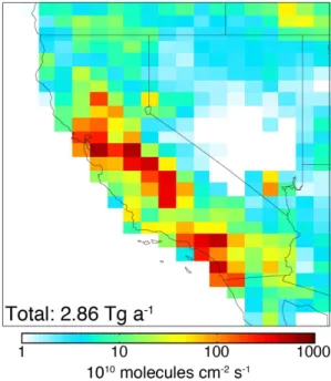 Fig. 3. Optimized methane emissions from our inversion using CalNex observations. Total Cal- Cal-ifornia emissions are inset