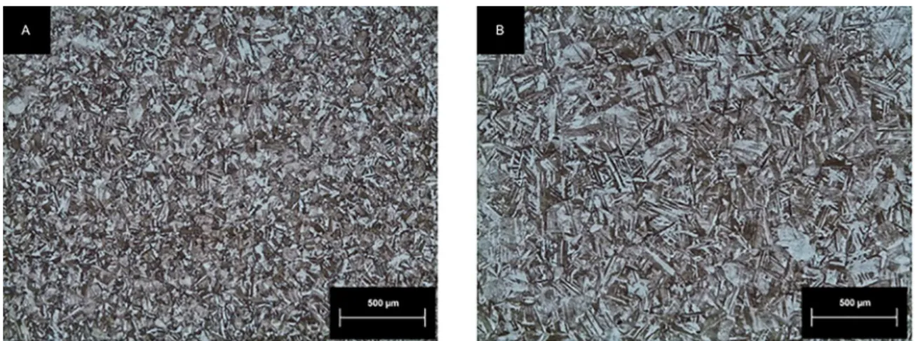 Figure 4.  Blocks and packets morphology found in the non deformed samples. Solutionized at: a) 950 ºC and b) 1050 ºC.