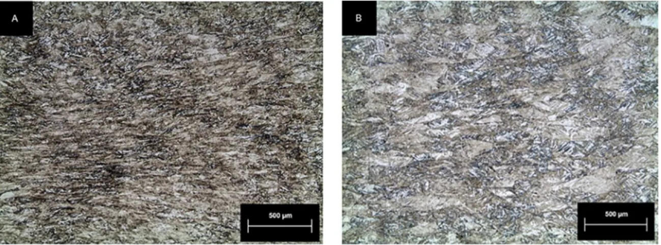 Figure 7. Effect of 30 % hot deformation in the microstructure. Solutionized at: a) 950 ºC and b) 1050 ºC.