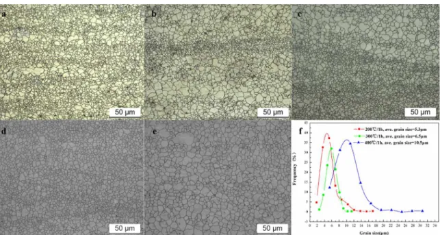 Figure 7. Microstructure of the Mg alloys of composite plates at different conditions: (a) near the interface of rolled sample without  annealing, (b) far away from the bonding interface of rolled sample without annealing, (c) 200°C / 1 h, (d) 300°C / 1 h,