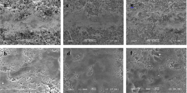 Figure 4. Worn surface morphologies of MAO coatings of (a-b) MAO-Na, (c-d) MAO-TiO 2 , (e-f) MAO-Al 2 O 3