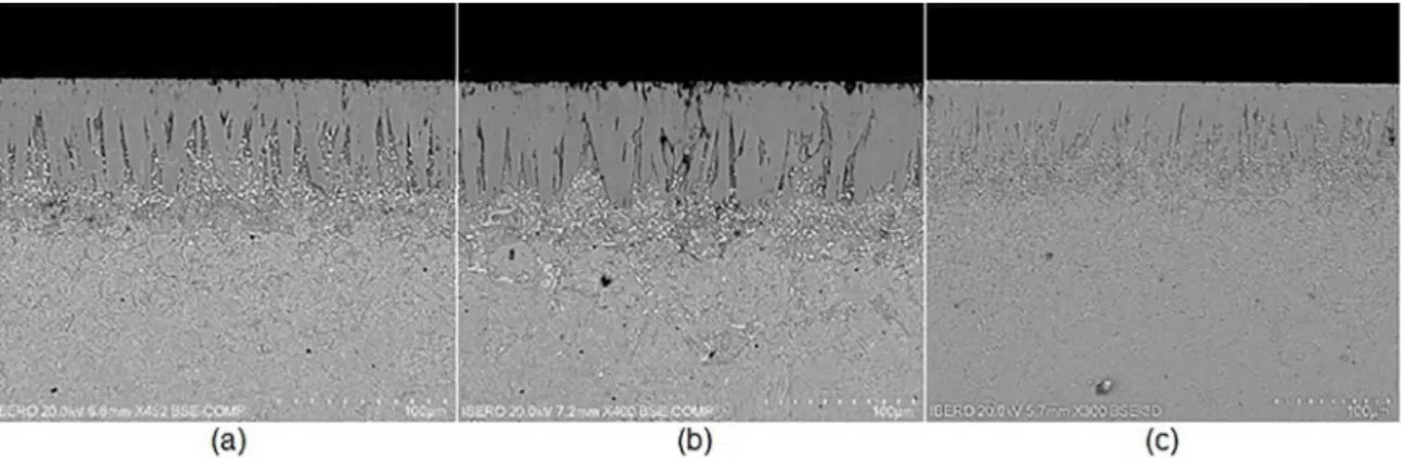 Figure 9. SEM micrographs of the boride layers formed at the surfaces of AISI S1 steel for three extra boriding conditions: (a) 1173 K  for 3.5 h, (b) 1173 K for 6.5 h and (c) 1223 K for 1.5 h