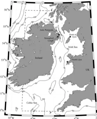 Fig 1. A bathymetric map of the Irish Sea, showing the four sample sites (black circles) within the model domain (indicated by the dashed line).