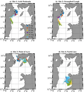 Fig 2. Larval dispersal maps for each simulated cohort of 10,000 larvae within the northern Irish Sea (see Fig 1)
