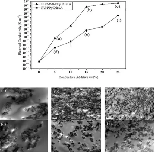 Figure 1 shows the curves of the electrical conductivity of  PU/MMT-PPy.DBSA and PU/PPy.DBSA as a function of the  filler content and type, and TEM micrographs of composites