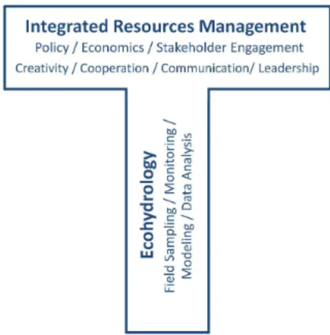 Fig. 2. T-shaped competencies of an ecohydrologist. The vertical bar reflects the depth of specialized scientific knowledge, while the horizontal bar reflects cross-cutting knowledge of related  dis-ciplines as well as personal competencies enabling more e