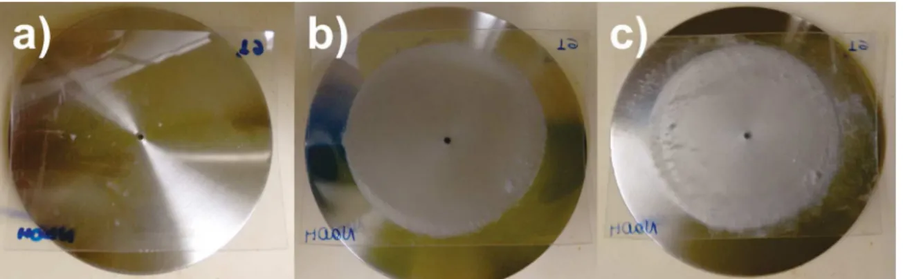 Figure 3. PET samples exposure to NaOH at (a) time zero, (b) 30 days and (c) 60 days. The metal support was used to better visualize  PET changes.
