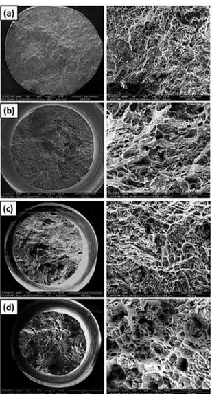 Figure 7. Fractographs of composite with 9 vol. % ZrB 2  at different  temperatures (a) RT (b) 100°C (c) 150°C and (d) 200°C.