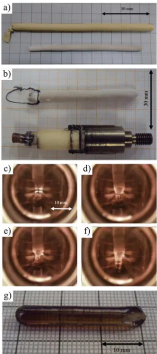 Figure 1. a) SrTiO 3  powder inside rubber mold (up) and SrTiO 3 feed rod after compressed and sintered (down)