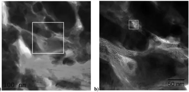 Figure 4. EFTEM images showing a thin graphite lamella between magnetite and iron grains at the boundary between the graphite flake  and the iron matrix; a) overview; b) higher magnification of the area of the white square in (a)