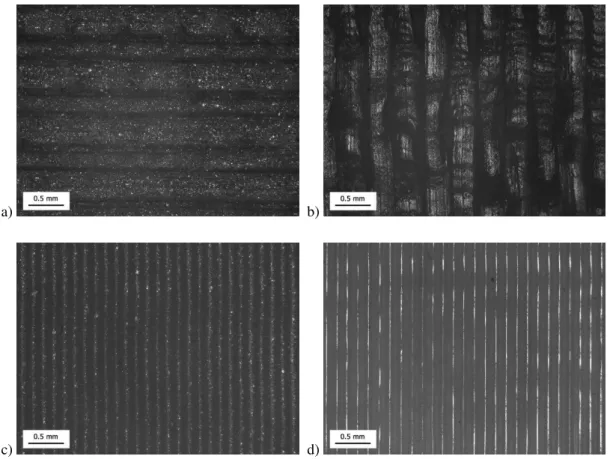 Figure 2a and 2b presents appearance of top surface of ABS and PLA tensile test samples respectively  taken  with  light  microscope  Leitz  Orthoplan  with  20×  magnification  setting