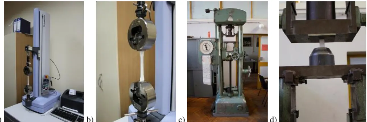 Figure  4:  a)  Shimadzu  Compact  Tabletop  Testing  Machine  EZ-LX;  b)  close  up  view  of  tensile  gauges;  c)  universal  testing machine VEB ZDM 5/91; d) close up view of compression gauges 