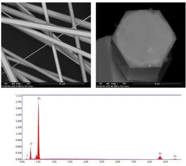 Figure  12: SEM pictures of needles shape structure at 5,000X magnification, showing the hexagonal structure of zinc  oxide confirmed by EDX analysis
