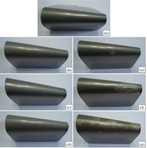 Figure 13 shows the appearance of the coated metal  substrates with hybrid powder coatings free of clay and  with the addition of 2, 4 and 6 phr of muscovite mica and  MMT 30B which underwent a resistance review of rapid  deformation (impact).