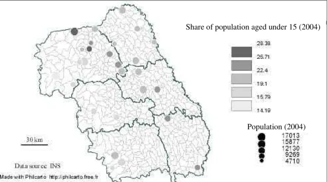 Figure 2. Share of population aged under 15 in the small-sized towns of   the North-East Development Region (2004) 